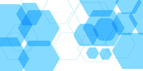 Aufkleber - Abstract blue geometric hexagon shapes on white background with space for your text. Futuristic technology and science concept. Modern geometric overlay hexagon wide banner design.