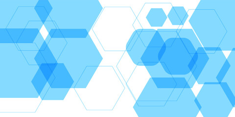 Aufkleber - Abstract blue geometric hexagon shapes on white background with space for your text. Futuristic technology and science concept. Modern geometric overlay hexagon wide banner design