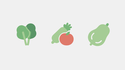 Poster - Simple flat design illustrations featuring broccoli, radish, and a green pear-shaped fruit