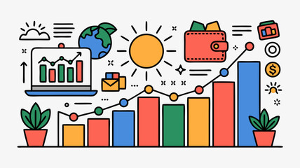 Poster - Colorful illustration of a financial growth chart with various related icons and elements