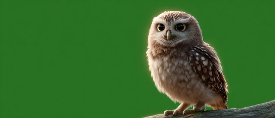 a small wise owl with big eyes sits on a tree branch against a solid green background representing w