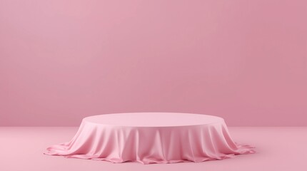 Fototapete - White pedestal or podium display with pink fabric platform on valentines concept background. Blank cosmetic shelf stand for showing product. 3D rendering