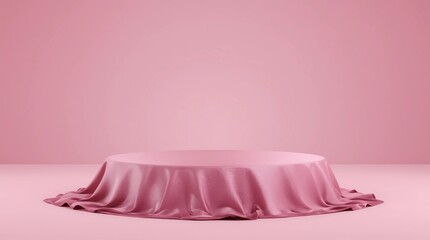Fototapete - White pedestal or podium display with pink fabric platform on valentines concept background. Blank cosmetic shelf stand for showing product. 3D rendering