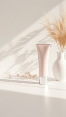 Poster - Soft pink cosmetic tube alongside dried floral arrangement in a minimalist presentation with light and shadows