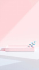 Poster - Minimalist pink podium or display stand with plant stem accent, a perfect scene for presenting cosmetic or beauty products