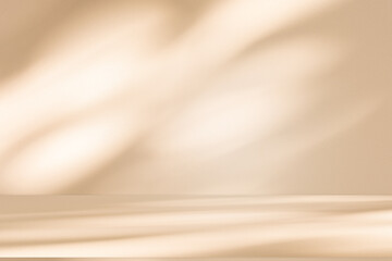 Fototapete - Wall interior background, studio and backdrops show products. with leaf shadow from window color beige and white. background for text insertion and presentation of product	