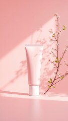 Poster - Pink tube with blossom shadows A soft minimalist product image for skincare or beauty items with blooming flowers