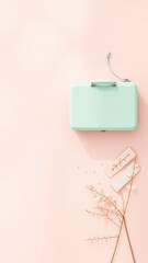 Poster - Pastel Pink Still Life Composition with Mint Suitcase, Delicate Sprigs and Minimalist Paper Embellishments on a Blush Surface