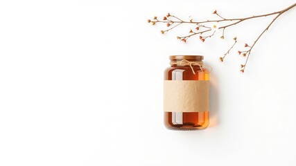 Poster - Aromatic Honey in a Rustic Glass Jar with Kraft Label and Branch of Delicate Blossoms on a White Background