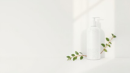 Poster - Minimalist aesthetic featuring a bottle with pump and a leafy twig against a clean white backdrop