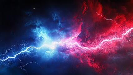 Wall Mural - lightning is striking between red and blue nebulae in the universe