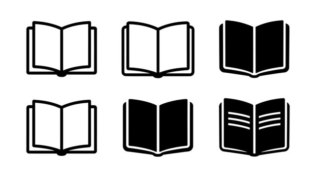 Vector art of a collection of open book icons in black and white isolated on white background