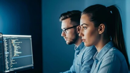 Dedicated and Focused Programmers Conducting Thorough Analysis of Code on Two Dual Monitors