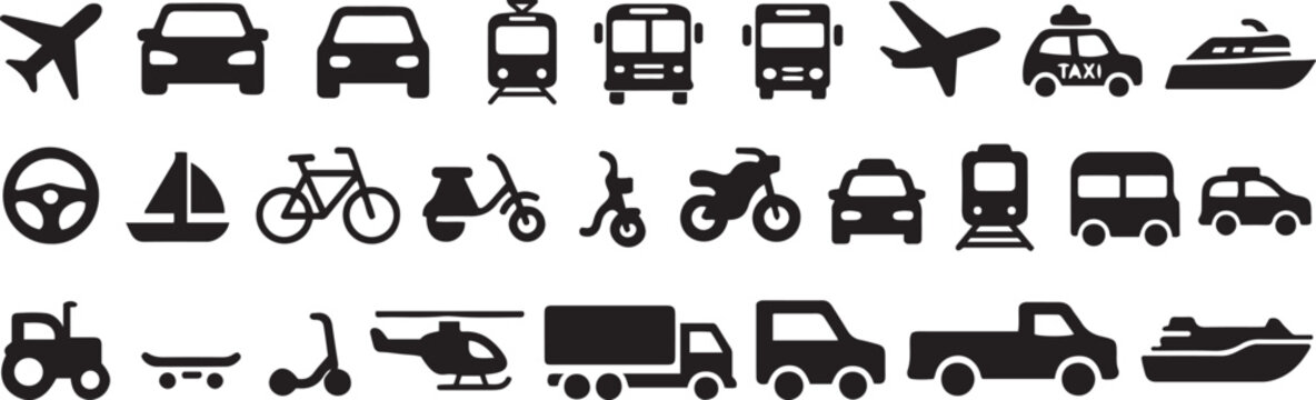 Diverse collection of transportation vehicles rendered in a vibrant cmyk color palette with clean vector graphics and editable text elements