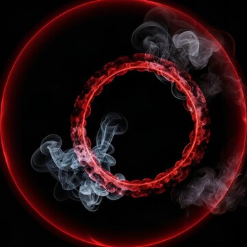 Abstract rendering of glowing red circles encircled by ethereal white smoke on black background