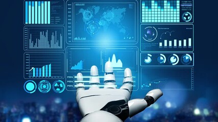 Poster - AI artificial intelligence drives data analytics with predictive models, smart dashboards, and virtual assistant insights for data-driven business decisions.