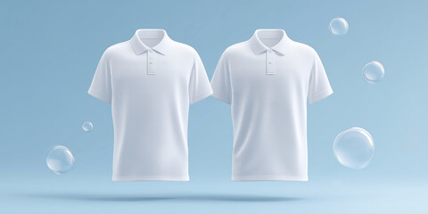 Poster - Two white polo shirts displayed in a floating position against a soft blue background, surrounded by bubbles, showcasing a clean and fresh apparel concept with copy space