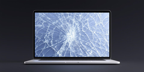 Fototapete - Laptop mock up with cracked screen displaying abstract blue background, showcasing damage and technology, ideal for repair services and digital content creation