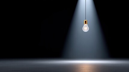 Poster - Dramatic Scene with Single Hanging Light Bulb Illuminating Dark Space Against Black Background