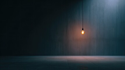 Poster - Dimly Lit Empty Space with Suspended Light Bulb Creating a Moody Atmosphere for Background or Conceptual Use