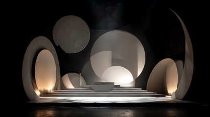Fototapete - Abstract Stage Design with Round Shapes and Steps in Dark Setting
