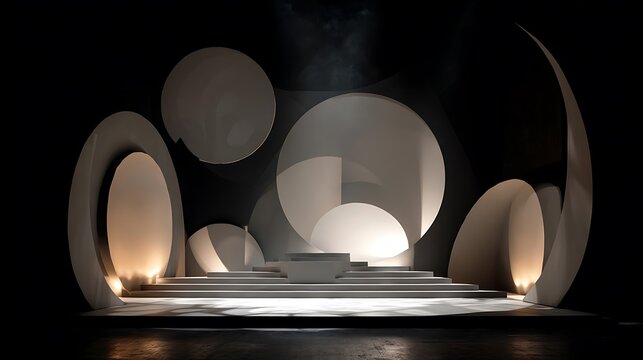 Abstract Stage Design with Round Shapes and Steps in Dark Setting