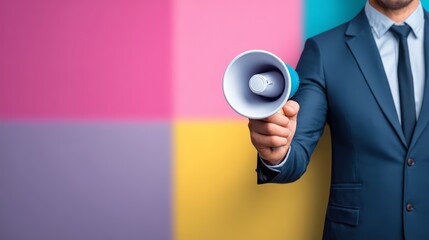 A businessman using a megaphone against a colorful background to convey a message.
