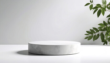Poster - Circular concrete pedestal on white surface with green leaves adding natural calmness