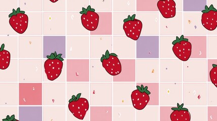Aufkleber - Cartoon Strawberries on a Pastel Grid Background Creating a Cute Minimal Design With an Open Side Zone for Creative Use
