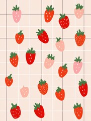Aufkleber - Colorful Cartoon Strawberries on a Pastel Grid With a Cute Minimal Design and an Open Side Zone