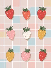 Poster - Cute Cartoon Strawberries Arranged on a Pastel Grid With Open Space in the Side for a Fun Minimal Design