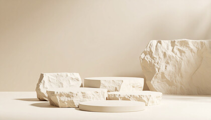 Poster - Beige stone slabs and pieces arranged for product display with soft natural lighting