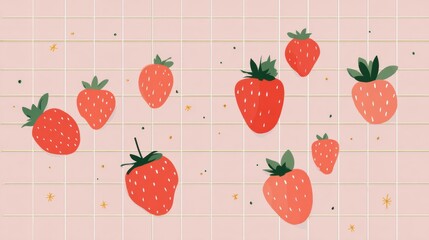 Poster - Cartoon Strawberries Arranged on a Pastel Grid Background With a Cute Minimal Design and an Open Side Zone Inviting Creativity
