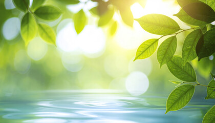 Poster - Green leaves with sunlight shining on water surface creating peaceful nature scene