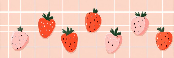 Fototapete - Cute Cartoon Strawberries on a Pastel Grid With a Minimal Design in a Vibrant Setting