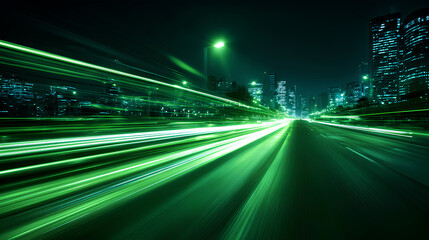 Poster - laser trail and speed light with green car beam, modern street flash and night motion effect on abstract highway, blur streak for futuristic dynamic road design and traffic concept. 