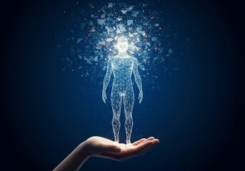 Humanoid Wireframe on Hand with Data Particles Against Dark Blue Gradient Background
