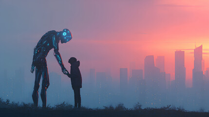 Fototapete - A futuristic connection between a human and an AI robot symbolizing technology, innovation, and collaboration in a modern urban environment with artificial intelligence Stock Illustration