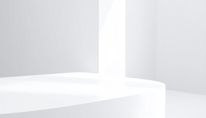 Poster - Minimalist white interior with curved platform and bright natural light creating calm mood
