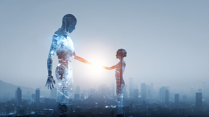 Fototapete - A futuristic connection between a human and an AI robot symbolizing technology, innovation, and collaboration in a modern urban environment with artificial intelligence Stock Illustration