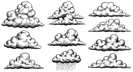 collection of nine hand-drawn cloud illustrations. weather elements, sketch art, climate pattern, sk