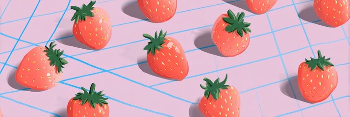 Poster - Cartoon Strawberries Spread Across a Pastel Grid in a Cute Minimal Design Showcasing a Delightful Fruit Pattern