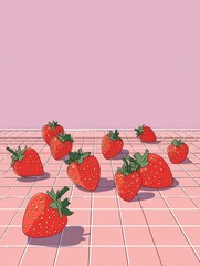 Poster - Cartoon Strawberries Scattered on a Pastel Grid Create a Minimalist and Cute Design for a Playful Theme