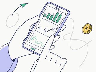 Poster - Person analyzing cryptocurrency trading charts on a smartphone with bitcoin coin isolated on white background