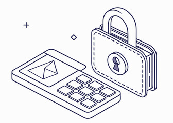 Poster - Digital security concept with a locked wallet and a keypad device isolated on white background