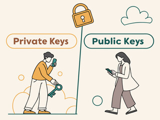 Poster - Illustration of private and public keys with people using smartphones isolated on white background