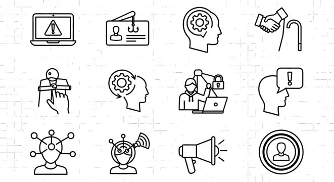 Icons representing business fraud and human manipulation. Vector graphics representing phishing, exploitation, and deceptive practices.