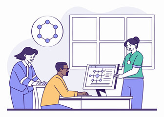 Poster - Diverse team collaborating on a scientific project with data visualization isolated on white background