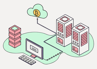 Poster - Cloud computing network with bitcoin symbol and servers isolated on white background