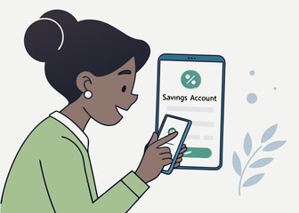 Poster - Woman using a mobile app to manage her savings account isolated on white background
